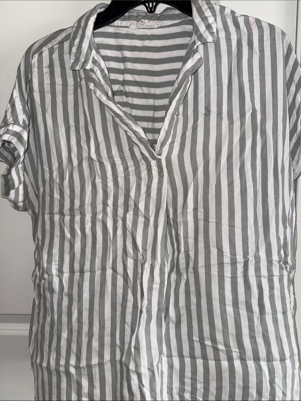 Sage and White Vertical Stripe Vneck Shirt Blouse